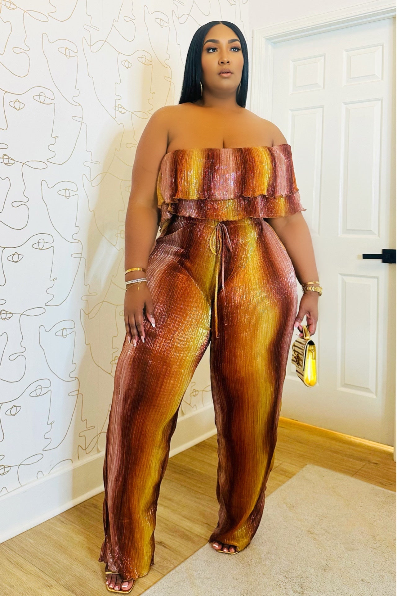 Savanna Heat Metallic Ruffle Off Shoulder Set