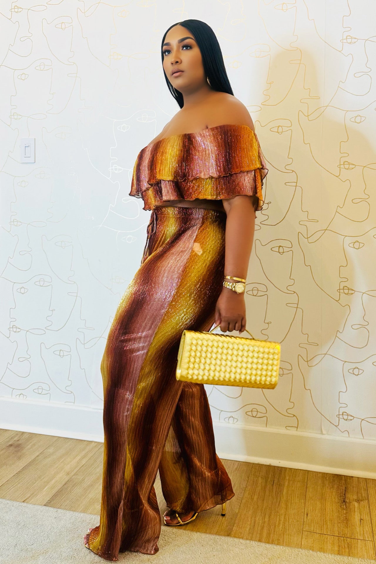 Savanna Heat Metallic Ruffle Off Shoulder Set