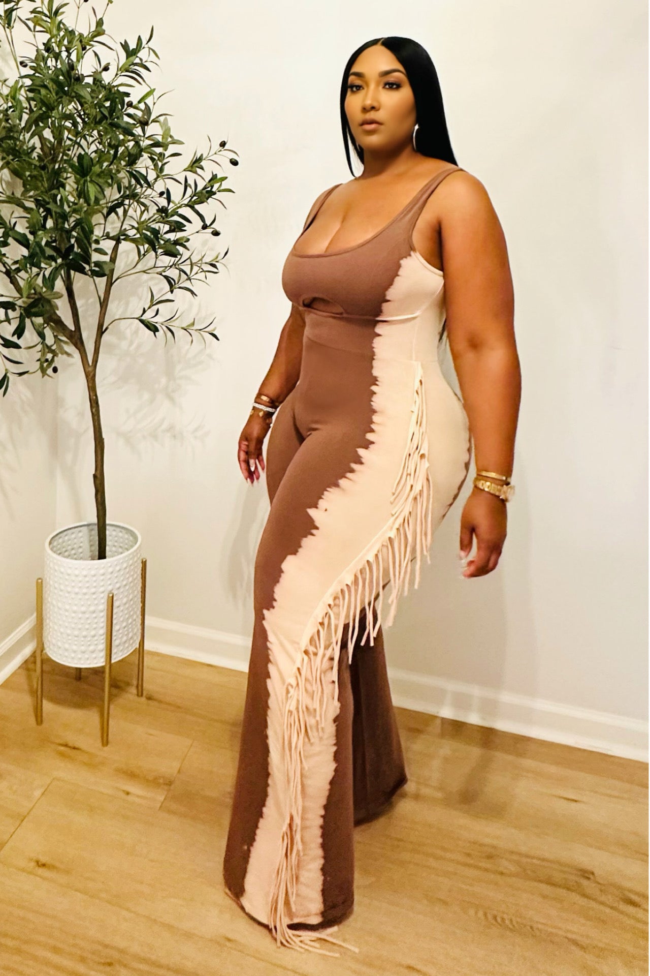 Taupe Temptations Two Toned Fringe Jumpsuit