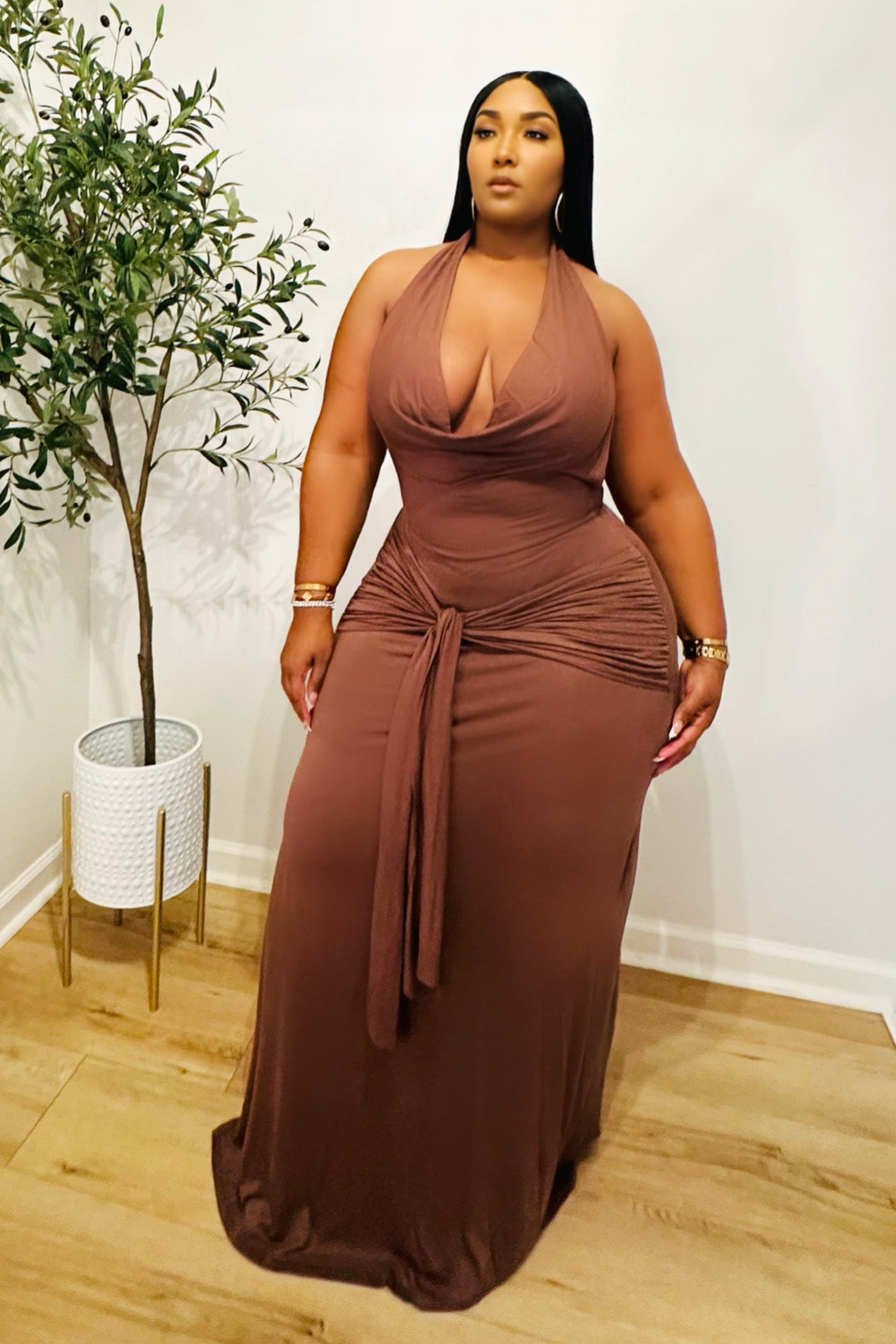 Bronze Horizon Halter Jersey Dress Chocolate