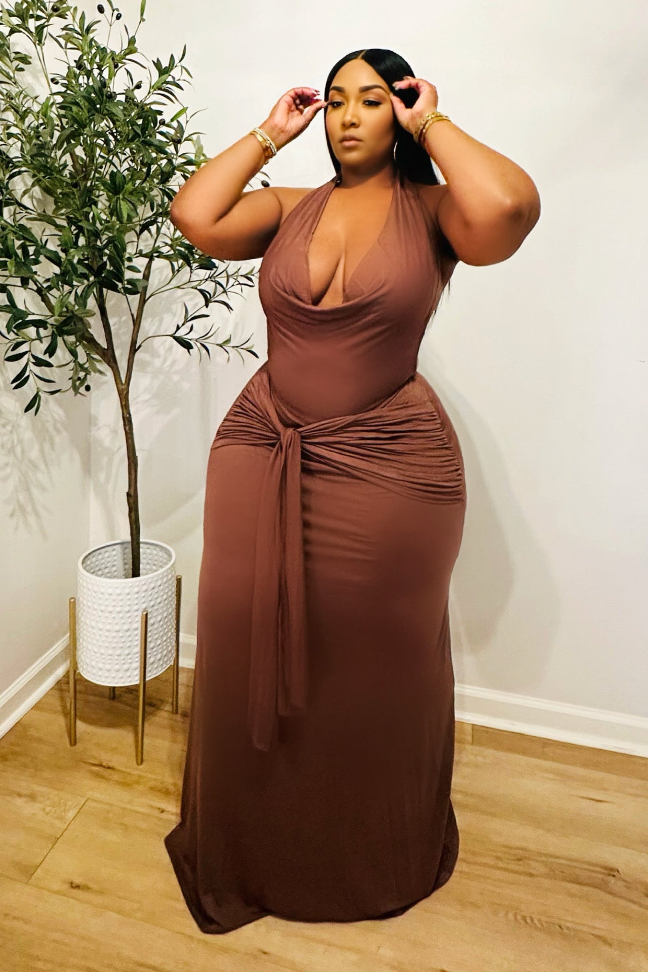 Bronze Horizon Halter Jersey Dress Chocolate