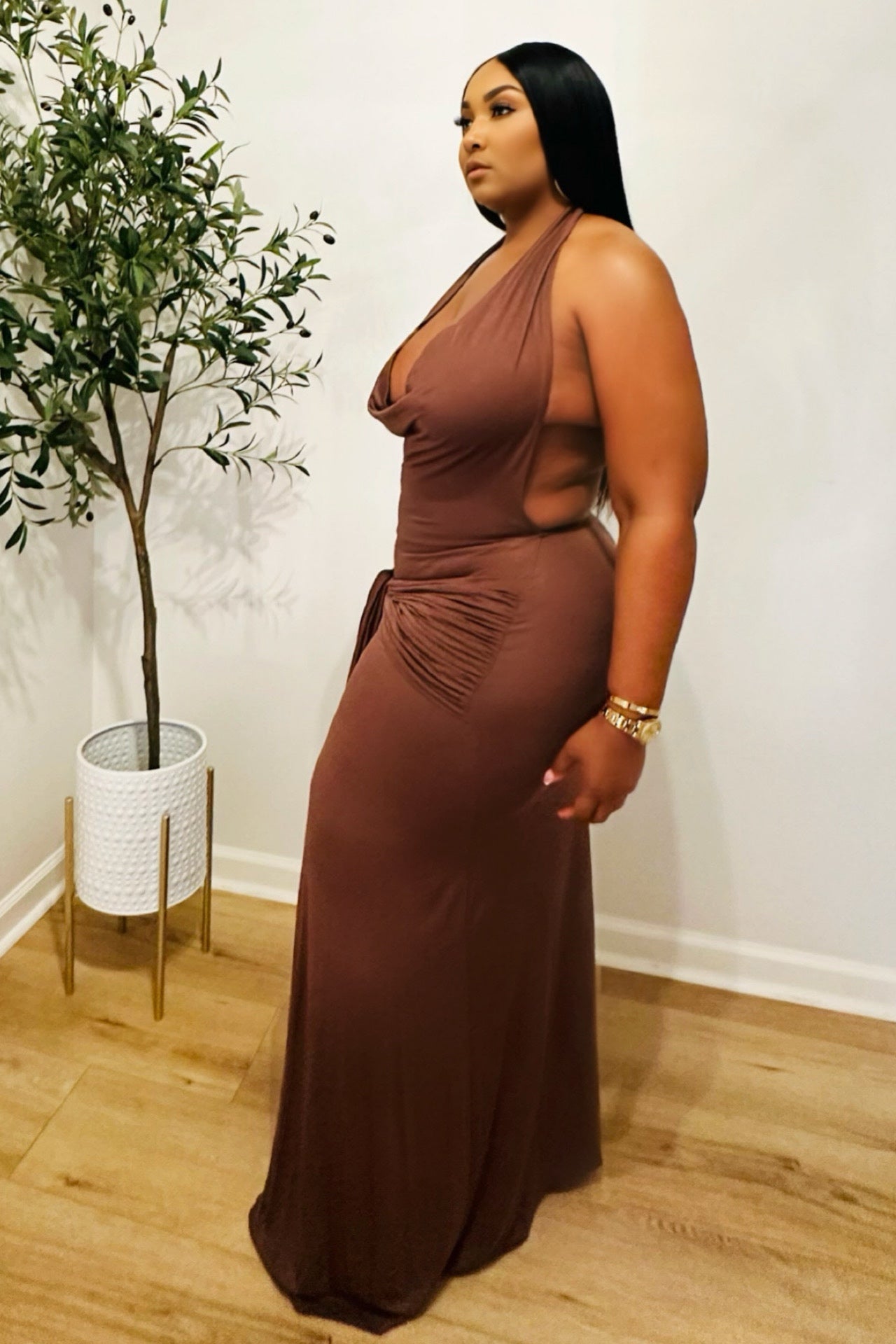 Bronze Horizon Halter Jersey Dress Chocolate
